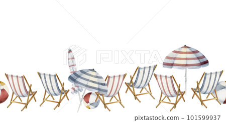 Hand drawn watercolor striped beach chair and umbrella. Seamless horizontal banner. Isolated on white background. Design for wall art, wedding, print, fabric, cover, card, tourism, travel booklet. Hand drawn watercolor striped beach chair and umbrella. Seamless horizontal banner. Isolated on white background. Design for wall art, wedding, print, fabric, cover, card, tourism, travel booklet. 101599937