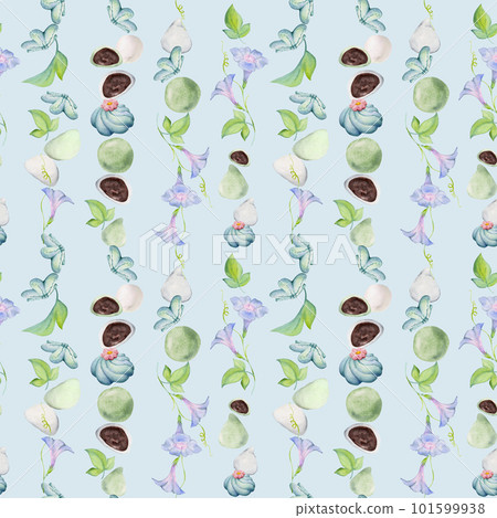 Watercolor seamless pattern with hand drawn traditional Japanese sweets. Wagashi, mochi, summer flowers. Isolated on color background. Invitations, restaurant menu, greeting cards, print, textile Watercolor seamless pattern with hand drawn traditional Japanese sweets. Wagashi, mochi, summer flowers. Isolated on color background. Invitations, restaurant menu, greeting cards, print, textile 101599938