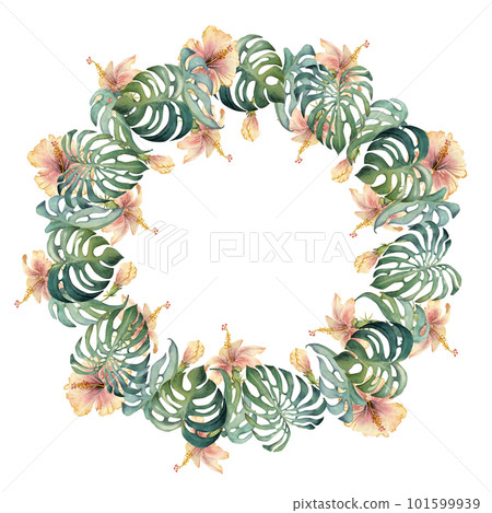 Hand drawn watercolor exotic monstera leaves and hibiscus flowers. Circle wreath frame. Isolated on white background. Design wall art, wedding, print, fabric, cover, card, tourism, travel booklet. 101599939