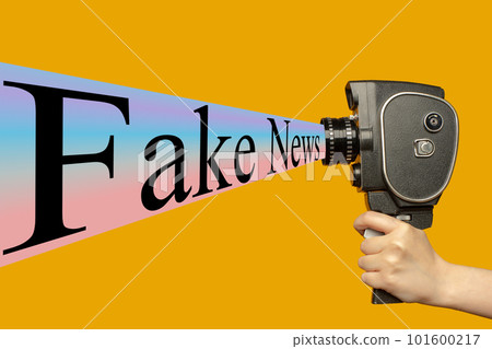 Contemporary art collage. Human hand holding movie camera and spreading fake news. 101600217