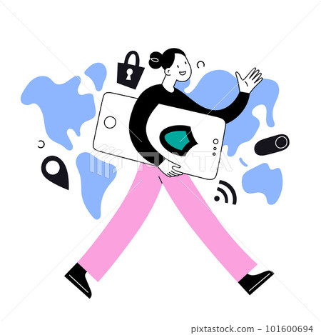 Woman using VPN application surfing internet on her smartphone. phone with proxy application, virtual private network, Vector illustration Woman using VPN application surfing internet on her smartphone. phone with proxy application, virtual private network, Vector illustration 101600694
