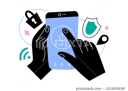 Person using a VPN service to surf internet, hands holding smartphone, pushing button to switch on connection, vector illustration Person using a VPN service to surf internet, hands holding smartphone, pushing button to switch on connection, vector illustration 101600696