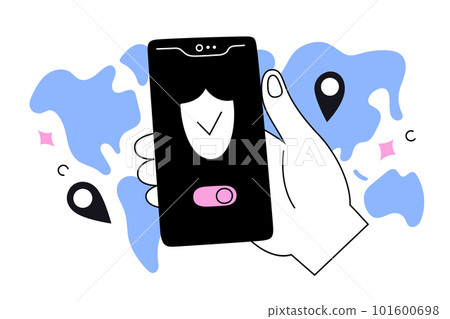 Person using a VPN application to surf internet, virtual private network, world map, holding a smartphone with proxy app, vector illustration 101600698