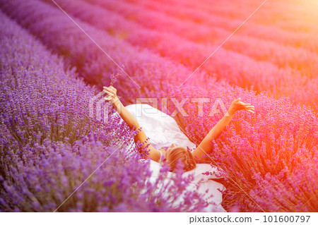 A middle-aged woman lies in a lavender field and enjoys aromatherapy. Aromatherapy concept, lavender oil, photo session in lavender A middle-aged woman lies in a lavender field and enjoys aromatherapy. Aromatherapy concept, lavender oil, photo session in lavender 101600797