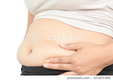 Closeup hand holding abdominal surface woman fat, healthy care and beauty concept 101601406