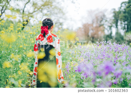 Back view of a girl wearing a hakama in a flower garden 101602363
