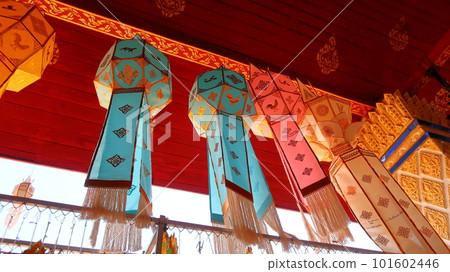 Thailand's famous festival Loy Krathong festival decoration Lamphun (near Chiang Mai) temple lantern 101602446