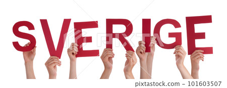 People Hands Building Word Sverige Means Sweden, Isolated Background 101603507