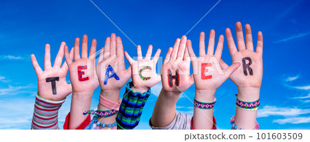 Children Hands Building Word Teacher, Blue Sky 101603509