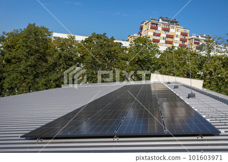 Top view of the roof with photovoltaic panels installed. Top view of the roof with photovoltaic panels installed. 101603971