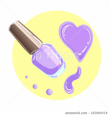 Illustration of a jar of violet nail polish with splash and drops in delicate shades. Vector illustration 101604314