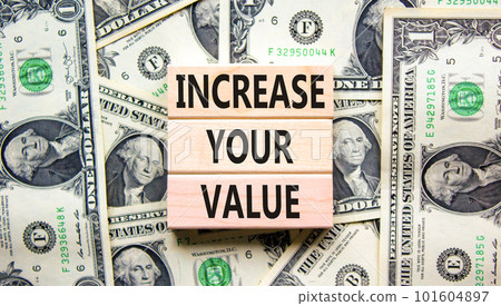 Increase your value symbol. Concept words Increase your value on wooden blocks on a beautiful background from dollar bills. Business increase your value concept. Copy space. 101604897