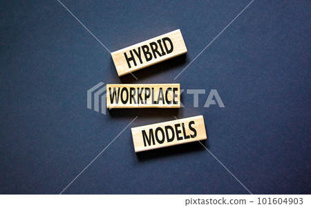 Hybrid workplace models symbol. Concept words Hybrid workplace models on wooden blocks. Beautiful black table black background. Business hybrid workplace models quote concept. Copy space Hybrid workplace models symbol. Concept words Hybrid workplace models on wooden blocks. Beautiful black table black background. Business hybrid workplace models quote concept. Copy space 101604903