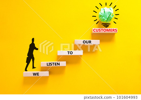 We listen to our customers symbol. Concept words We listen to our customers on wooden block. Beautiful yellow background. Businessman icon. Business we listen to our customers concept. Copy space. 101604993