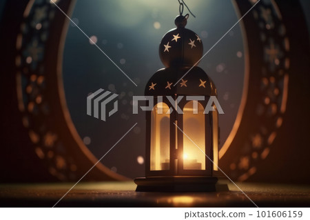 A decorative Ramadan Kareem Lantern with a candle inside illuminates a desert background, adding a traditional ambiance for Muslim religious rituals. Ai Generative 101606159