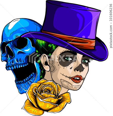 vector Skull with beautiful woman and flower rose in vintage style isolated on white background. vector illustration vector Skull with beautiful woman and flower rose in vintage style isolated on white background. vector illustration 101606236