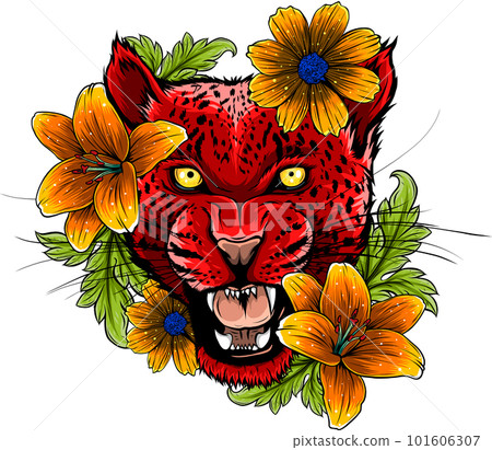 Leopard jaguar with flowers. Jaguar face with flowers, color tattoo. vector illustration on white background Leopard jaguar with flowers. Jaguar face with flowers, color tattoo. vector illustration on white background 101606307