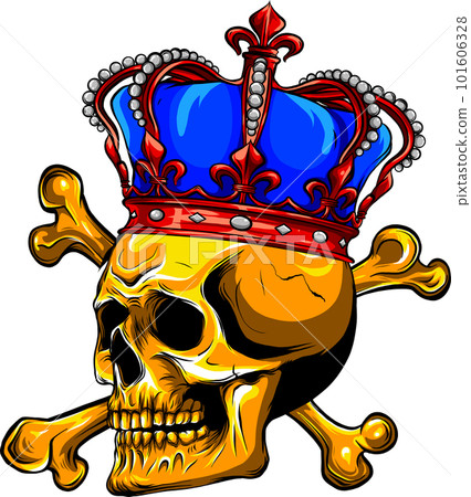 Hand drawn skull with crown and crossed bones in cartoon vintage style isolated on white background. 101606328