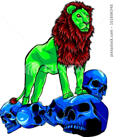 vector cartoon character mascot lion on human skulls isolated white background 101606348