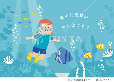 Summer greeting card illustration of a girl enjoying snorkeling with a background of the sea 101606530