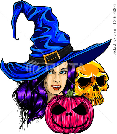 vector illustration of skull witch with pumpkin on white background vector illustration of skull witch with pumpkin on white background 101606866