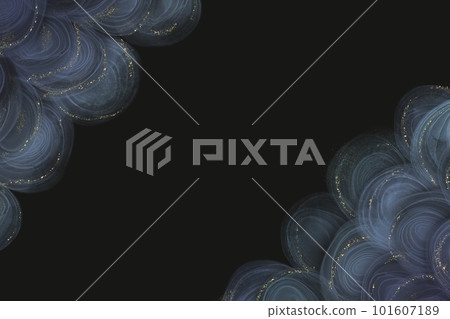 Alcohol ink art dark template) Light blue swirl scale pattern and gold glitter decoration on black background 101607189