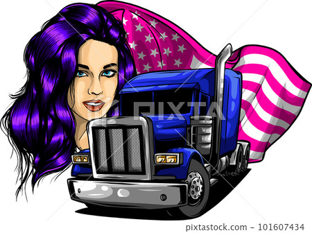 Classic american semi truck. Isolated vehicle with USA flag on white background. 101607434