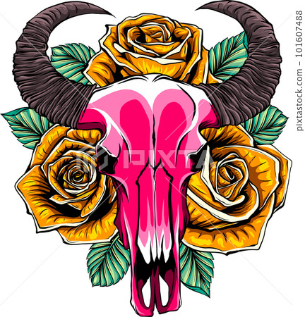 Bull skull decorated with foliage and flowers. Vector illustration on white background Bull skull decorated with foliage and flowers. Vector illustration on white background 101607488
