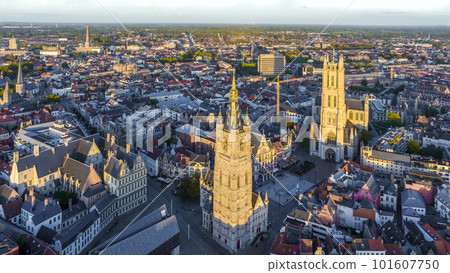 Ghent Belgium Aerial Flying over downtown area with church cityscape views at sunset time - October 2022 Ghent Belgium Aerial Flying over downtown area with church cityscape views at sunset time - October 2022 101607750