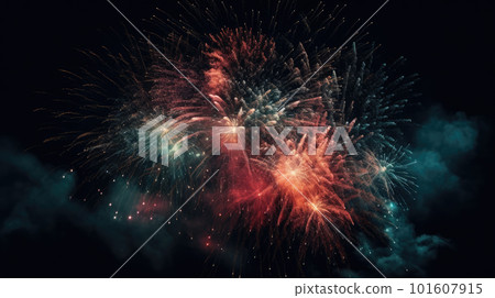 Celebration multicolored fireworks, copy space. 4 of July, 4th of July, Independence Day beautiful fireworks. Canada Day holidays salute. New Year celebration colorful fireworks. 101607915