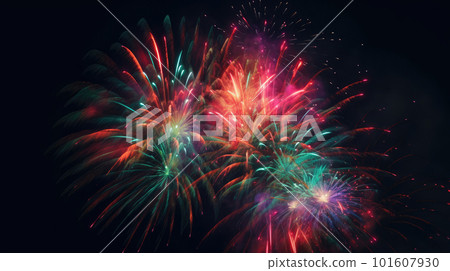 Celebration multicolored fireworks, copy space. 4 of July, 4th of July, Independence Day beautiful fireworks. Canada Day holidays salute. New Year celebration colorful fireworks. Celebration multicolored fireworks, copy space. 4 of July, 4th of July, Independence Day beautiful fireworks. Canada Day holidays salute. New Year celebration colorful fireworks. 101607930