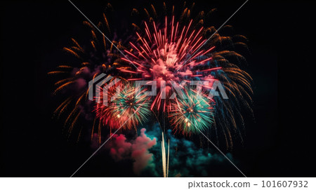 Celebration multicolored fireworks, copy space. 4 of July, 4th of July, Independence Day beautiful fireworks. Canada Day holidays salute. New Year celebration colorful fireworks. 101607932