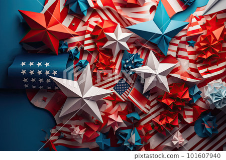 Independence Day paper art. 4th of July. Patriot America. Blue and red stars. Independence Day paper art. 4th of July. Patriot America. Blue and red stars. 101607940