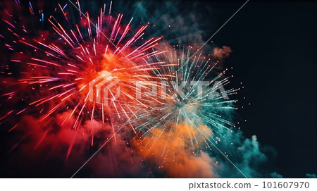 Celebration multicolored fireworks, copy space. 4 of July, 4th of July, Independence Day beautiful fireworks. Canada Day holidays salute. New Year celebration colorful fireworks. 101607970