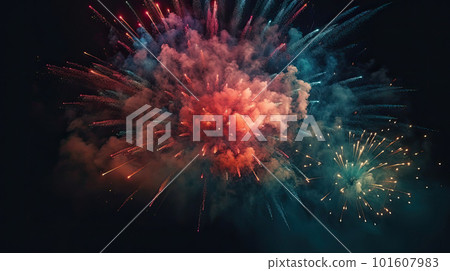 Celebration multicolored fireworks, copy space. 4 of July, 4th of July, Independence Day beautiful fireworks. Canada Day holidays salute. New Year celebration colorful fireworks. 101607983