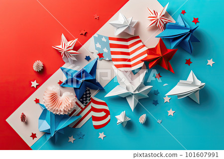 Independence Day paper art. 4th of July. Patriot America. Blue and red stars. Independence Day paper art. 4th of July. Patriot America. Blue and red stars. 101607991