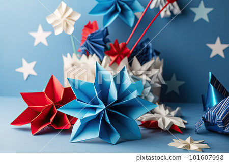 Independence Day paper art. 4th of July. Patriot America. Blue and red stars. Independence Day paper art. 4th of July. Patriot America. Blue and red stars. 101607998