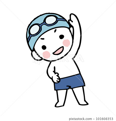 Illustration of a boy doing warm-up exercises in a swimsuit Illustration of a boy doing warm-up exercises in a swimsuit 101608353