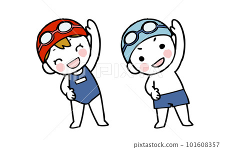 Illustration of a girl and a boy doing warm-up exercises in swimsuits 101608357