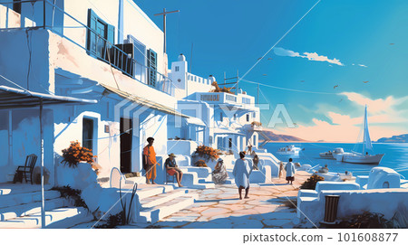 Illustration of beautiful view of Mykonos island, Greece Illustration of beautiful view of Mykonos island, Greece 101608877