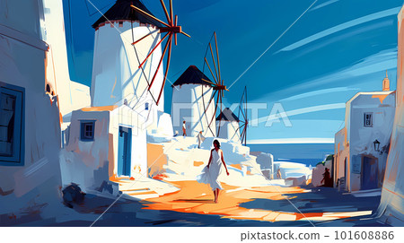 Illustration of beautiful view of Mykonos island, Greece Illustration of beautiful view of Mykonos island, Greece 101608886