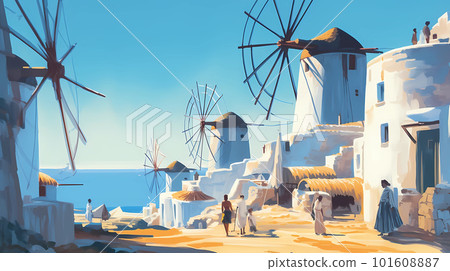 Illustration of beautiful view of Mykonos island, Greece 101608887