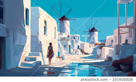 Illustration of beautiful view of Mykonos island, Greece Illustration of beautiful view of Mykonos island, Greece 101608888