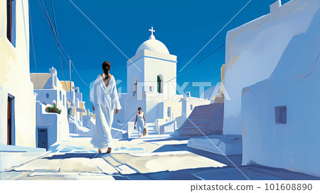 Illustration of beautiful view of Mykonos island, Greece Illustration of beautiful view of Mykonos island, Greece 101608890