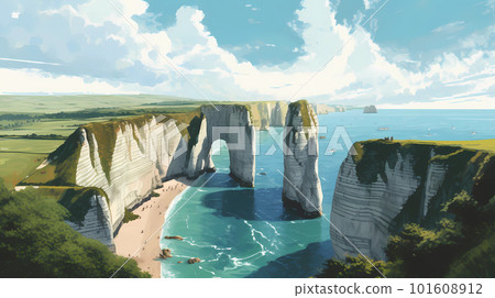 Panoramic view of the beach of Etretat in Normandy, France 101608912