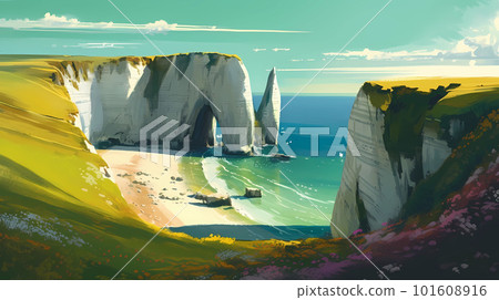 Panoramic view of the beach of Etretat in Normandy, France 101608916