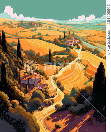 Illustration with a beautiful view of the hills of Tuscany, Italy Illustration with a beautiful view of the hills of Tuscany, Italy 101608968