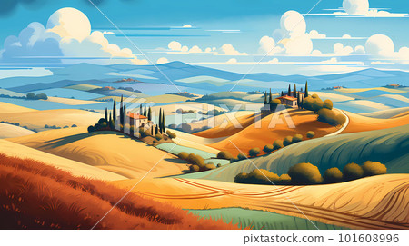 Illustration with a beautiful view of the hills of Tuscany, Italy 101608996