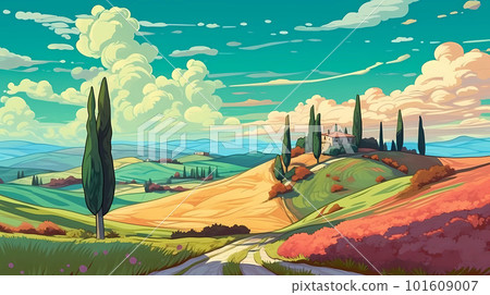 Illustration with a beautiful view of the hills of Tuscany, Italy 101609007