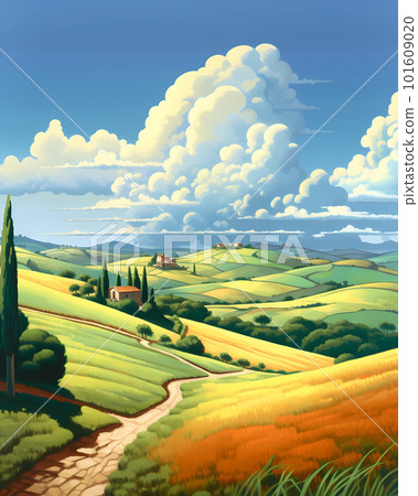 Illustration with a beautiful view of the hills of Tuscany, Italy 101609020